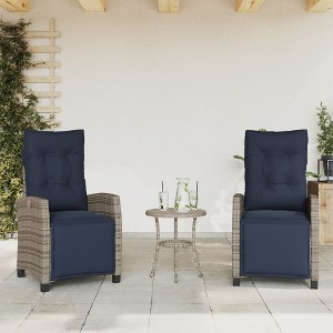 vidaXL Reclining Patio Chairs with Footrest - Set of 2, Adjustable Poly Rattan Loungers, Weather-Resistant & UV-Protected, Easy Clean, Navy Cushions - 1 of 4