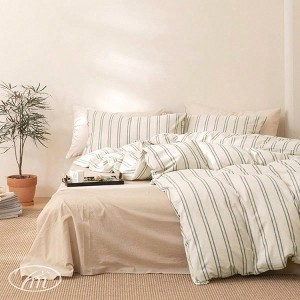 Queen Beige Striped Duvet Cover Set, 100 Washed Cotton, Grey Vertical Ticking Stripes, Zipper Closure Set of 3 - 1 of 4