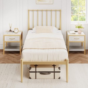 Twin Full Queen Bed Frame Metal Platform Bed with Headboard, 14 Inches Metal Mattress Foundation, No Box Spring Needed, Easy Assembly, Gold - 1 of 4