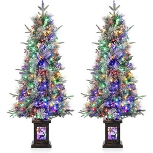 2Pack 4.5ft Prelit Artificial Christmas Trees with 150 Two-Color Lights & 20 Clusters Red Berry, Artificial Potted Xmas Tree with 8 Lighting Modes - 1 of 4