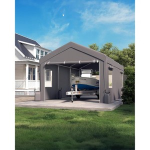 12x20' Heavy-Duty Portable Garage w/ Reinforced Frame, Canopy Top, Roll-Up Windows & Dual Doors - Ideal for Vehicles, Boats, Events (Gray) - 1 of 4