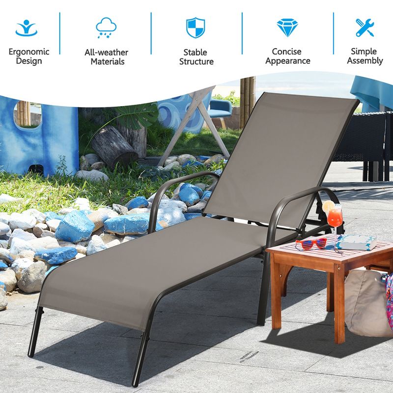 Costway 2PCS Patio Lounge Chair Chaise Adjustable Reclining Armrest Grey\Brown, 4 of 13