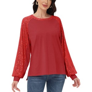 Anna-Kaci Women's Casual Sequin Ballon Long Sleeve Blouse Loose Round Neck Matching Top Party - 1 of 4