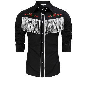 Clearlove Men’s Western Slim Fit Denim Shirt with Long Sleeves, Fringe Detailing, and Rose Embroidery - 1 of 4