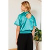 Slickblue Women's Satin Smocked Waist Blouse, Puff Elbow Sleeves, Mock Neck Bow, Turquoise/Taupe, Size S-L - 4 of 4