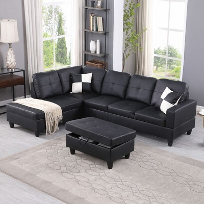 DOMETOUR Black Faux Leather 3-Piece Sofa Living Room Sofa Set