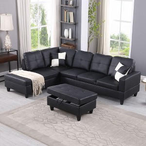 DOMETOUR Black Faux Leather 3-Piece Sofa Living Room Sofa Set - 1 of 4