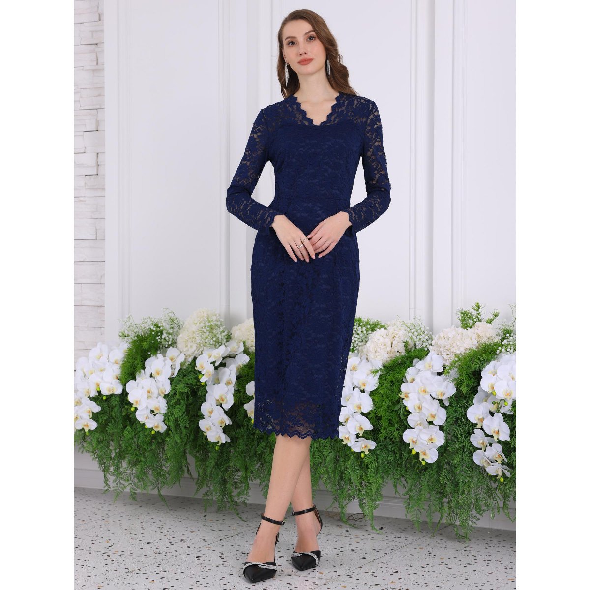 Женские платья INSPIRE CHIC Women's Floral Lace V Neck Long Sleeve Cocktail Wedding Bodycon Dress Dark Blue Medium — фото 2
