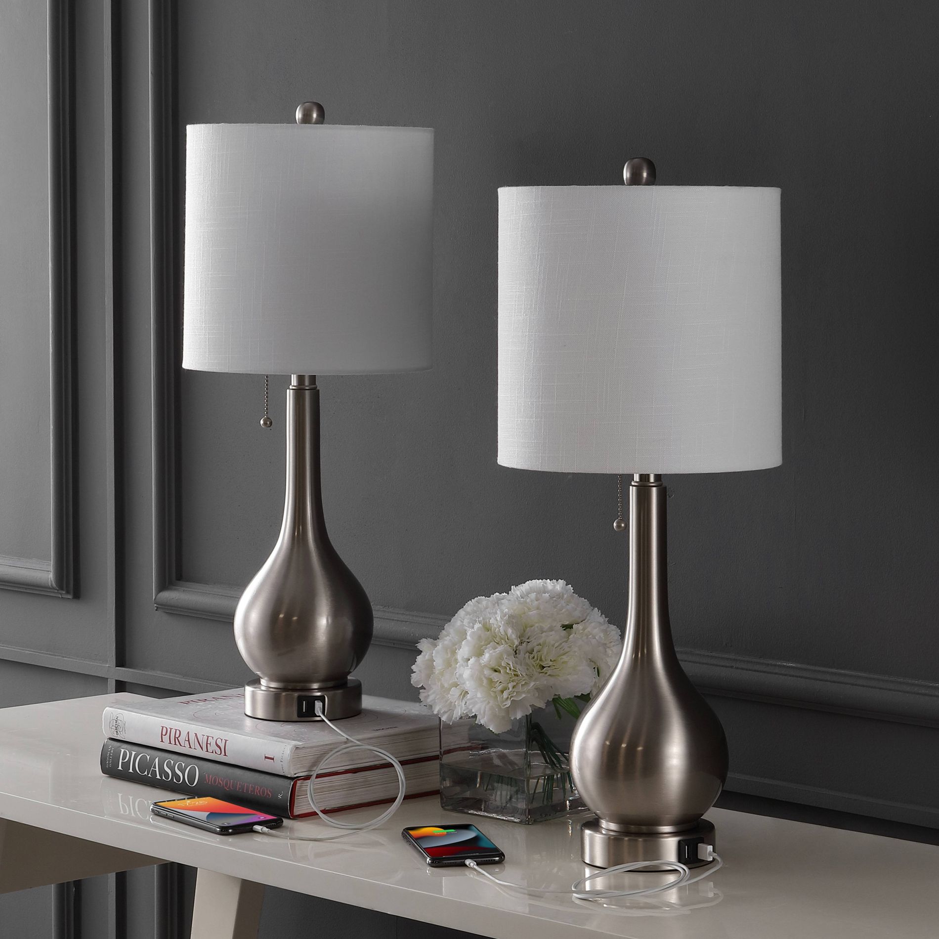 (Set of 2) 24" Tyler Gourd Iron LED Table Lamps with Pull-Chain, Dual USB Port - JONATHAN Y