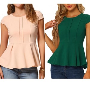 INSPIRE CHIC Women's Elegant Round Neck Cap Sleeve Solid Color Peplum Blouses 2 Packs - 1 of 4