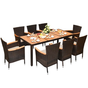 Tangkula 9PCS Rattan Patio Dining Set w/ 8 Stackable Cushioned Chairs Wooden Tabletop - 1 of 4