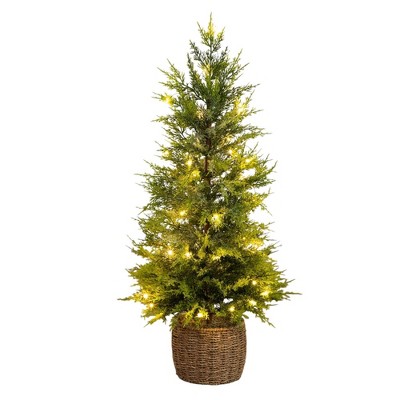 Nearly Natural 3' Pre-Lit Artificial Lightly Snowed Cypress Christmas Tree in Decorative Weaved Basket