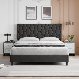 Grey/Beige/Pink Upholstered Platform Bed Frame with Height-Adjustable Fabric Headboard, Heavy-Duty Wood Slat Support, No Box Spring Needed - 1 of 4