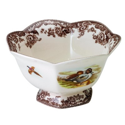 Spode Woodland Hexagonal Footed Bowl, Fine Earthenware Serveware Featuring Lapwing & Pintail Bird Motifs, Country-Inspired Display Accent