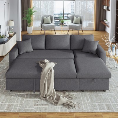 U_STYLE Upholstery Sleeper Sectional Sofa Gray with Storage Space, 2 Tossing Cushions