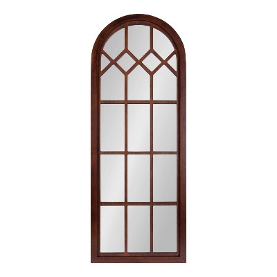Walnut Brown Arched Wood Framed Windowpane Wall Mirror