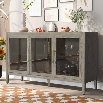 U-Style Wood Storage Accent Cabinet With Adjustable Shelf 3 Tempered Glass Doors Freestanding Storage Cupboard Console Table For Living Room