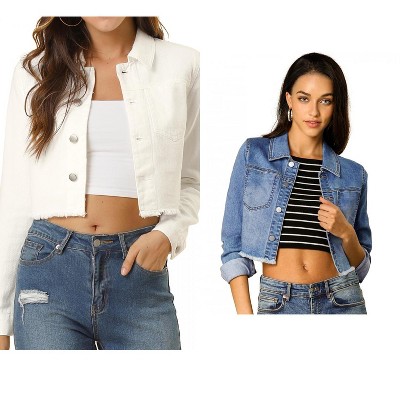 INSPIRE CHIC Women's Turn Down Frayed Button Down Washed Cropped Denim Jacket 2 Packs