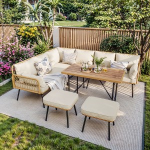 GARVEE 6-Piece Outdoor Sectional Set – All-Weather PE Rattan Sofa & Wood Table for Patio, Backyard (Beige) - 1 of 4