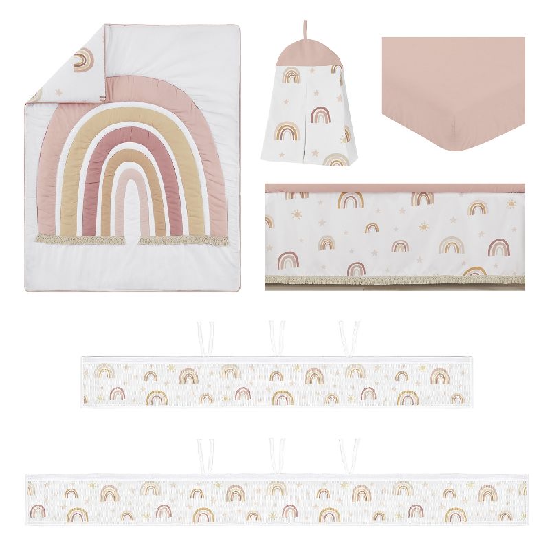 Sweet Jojo Designs Crib Bedding + BreathableBaby Breathable Mesh Liner Girl Boho Rainbow Pink Gold and Taupe - 6pcs, 3 of 8
