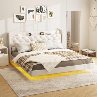 Floating Platform Bed Frame with LED Lights & Charging, Upholstered Headboard
