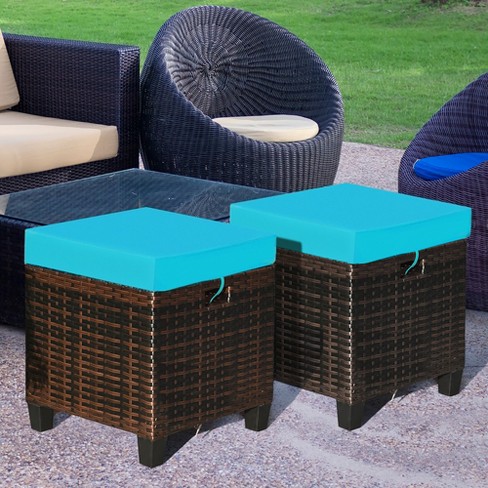 Costway 2PCS Patio Rattan Ottoman Cushioned Seat w Foot Rest Turquoise