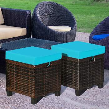 Costway 2PCS Patio Rattan Ottoman Cushioned Seat w/ Foot Rest Turquoise
