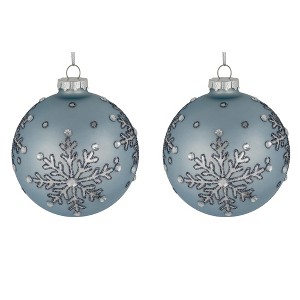 Northlight Mirror Glittered Snowflakes Christmas Glas Ball Ornaments - 4" - Steel Blue - Set of 2 - 1 of 4