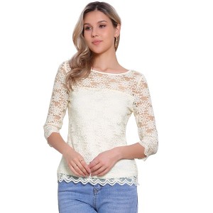 INSPIRE CHIC Women's Floral Lace 3/4 Sleeve Crew Neck Casual Elegant Blouse - 1 of 4