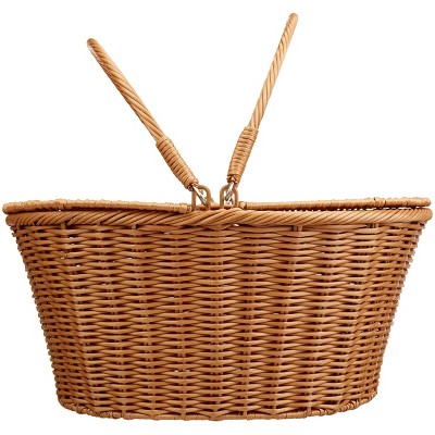 Handwoven Poly-Wicker Oval Picnic Basket with Dual Flip Top