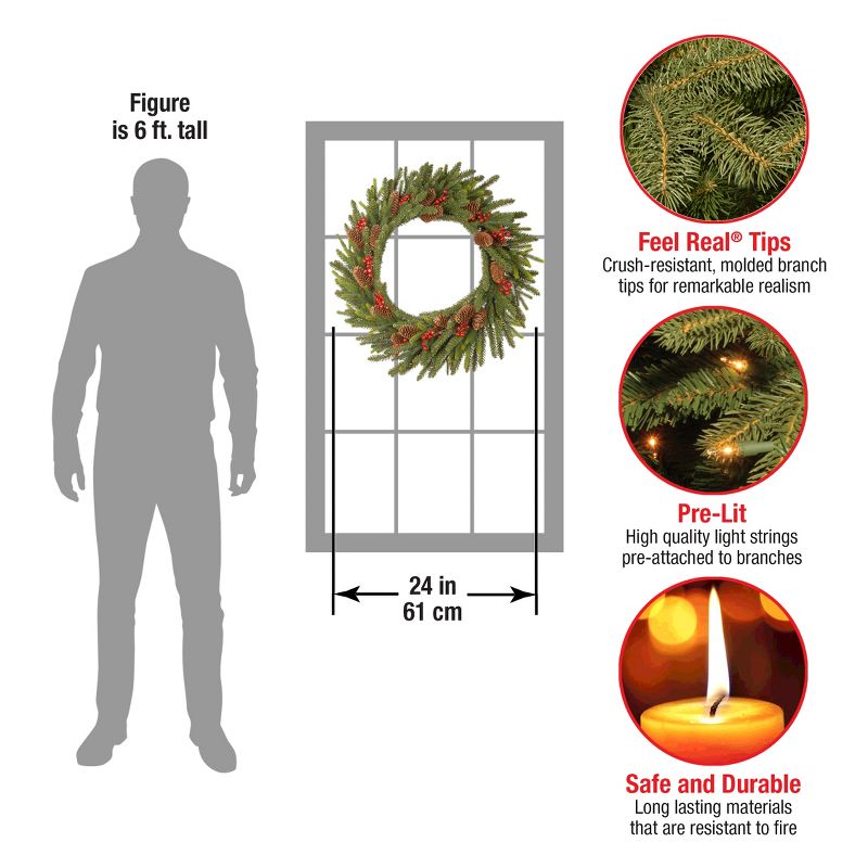 24" Prelit LED Battery Operated Dorchester Fir Wreath White Lights - National Tree Company, 4 of 6