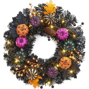 20 Inch Halloween Wreaths for Front Door, Prelit Pumpkin Wreath with 20 LED Lights Maple Leaves Halloween Decorations for Wall Window Party Decor - 1 of 4