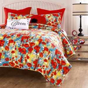 Greenland Home Fashions Poppies Quilt Set – 3-Piece, Bold Red Botanical Floral Design - 1 of 4