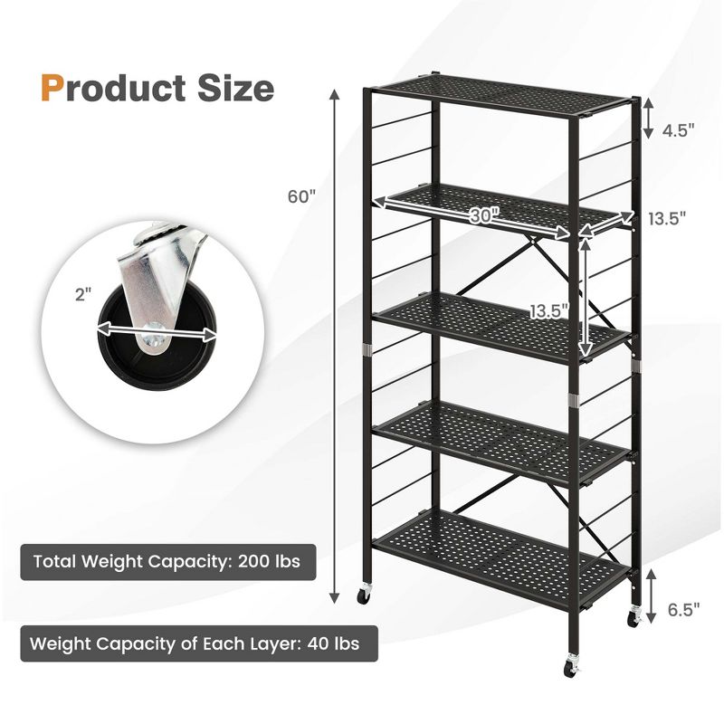 Costway 5-Tier Foldable Storage Shelves Adjustable Collapsible Organizer Rack with Wheels, 3 of 11
