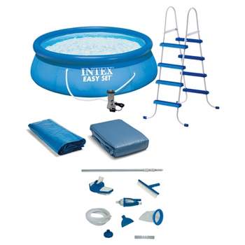 Intex 15'x48" Round Inflatable Outdoor Above Ground Swimming Pool Set with Ladder, Filter Pump, and Deluxe Maintenance Pool Cleaning Kit for Backyards