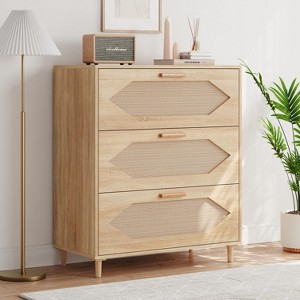3 Drawer Rattan Dresser for Bedroom, Rattan Modern Dresser Wood Chest of Drawers, Wooden Storage Cabinets - 1 of 4