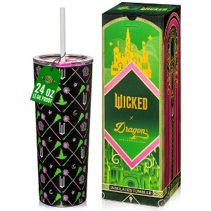 Dragon Glassware x WICKED 24 oz Vacuum Insulated Tumbler with Lid and Straws Elphaba & Glinda - 1 of 4