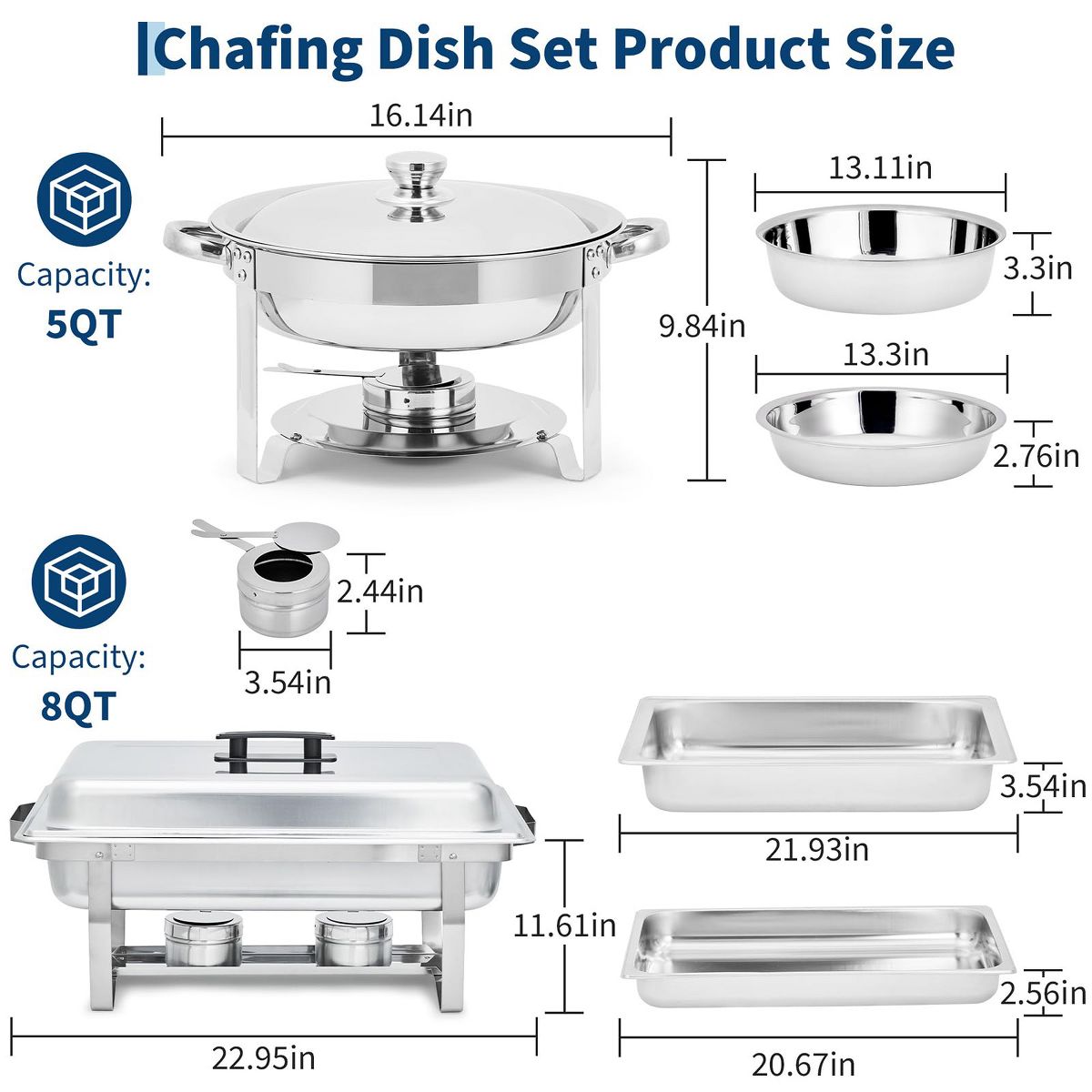 8 Pack Stainless Steel Chafing Dish Set, Includes 8 Qt Rectangle & 5 Qt Round Catering Chafers with Lids, Buffet Food Warmers for Weddings & Events - thumbnail 8
