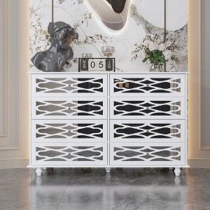 Hitow White 8 Drawer Horizontal Dresser with Carved Mirror Chest of Drawers - 1 of 4