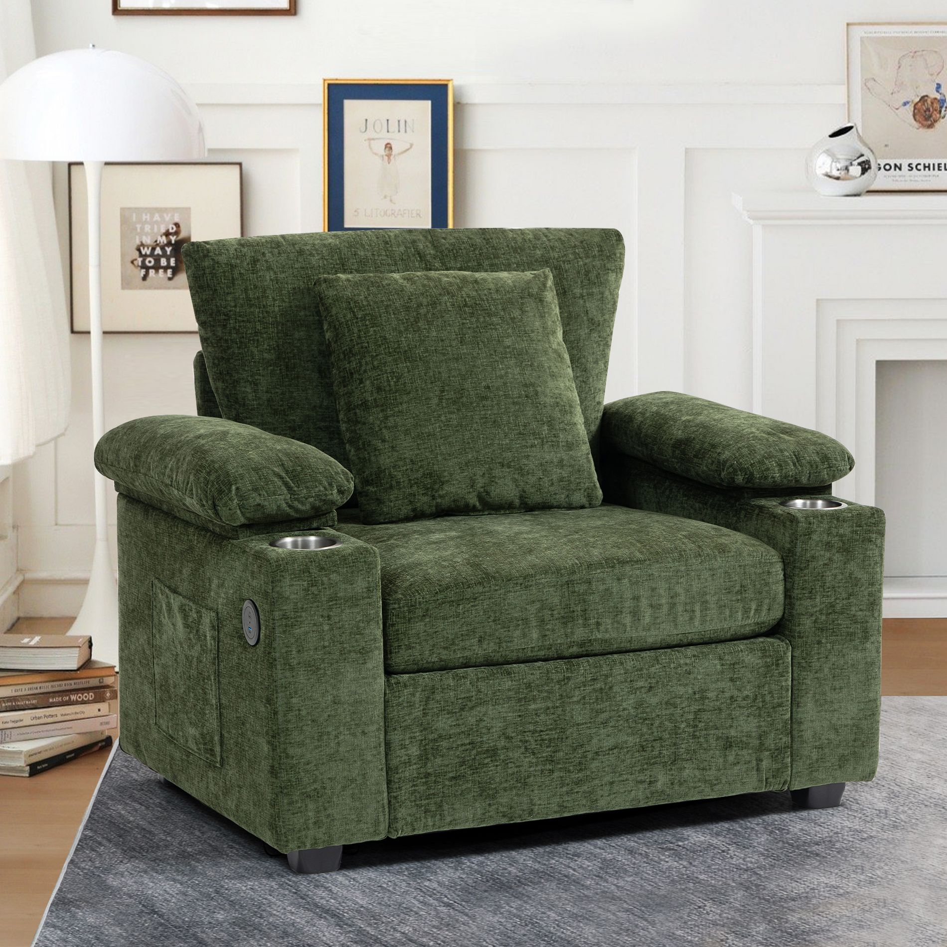 Modern Oversized Chair with Ottoman, Chenille Fabric Accent Chair Comfy Sofa Bed with Cup Holders and USB Ports, Green - ModernLuxe