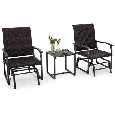Tangkula 3 PCS Patio Gliding Set Wicker Swing Glider Furniture Set w/ Tempered Glass Coffee Table