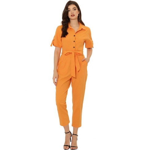 Allegra K Women's Short Sleeve Collared Cropped Coverall Button Down Tie  Waist Cotton Cargo Jumpsuit Orange Medium : Target