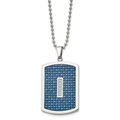 Black Bow Jewelry Mens Stainless Steel, CZ & Blue Carbon Fiber Dog Tag Necklace, 22 Inch