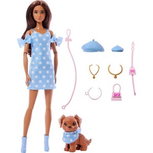 Barbie Twinning Looks Fashion Doll with Pet Dog Matching Blue Clothes and  Accessories Brunette : Target