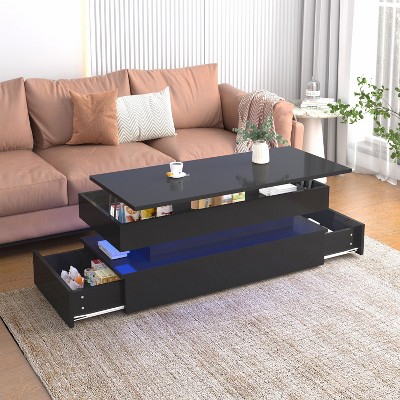 NicBex Rectangular 3-Tier Foldable Design Coffee Table with Storage Drawers,Modern Center Table for Living Room,Apartment,Black