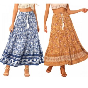 INSPIRE CHIC Women's Summer Floral Boho Tassels Elastic Waist Casual Maxi Skirts 2 Packs - 1 of 4