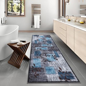 Acekool 5x7 Washable Area Rug, Soft Floral Checkered, Non-Slip, Low-Pile Modern Accent Carpet for Living Room, Bedroom, Dining Room, Blue - 1 of 4