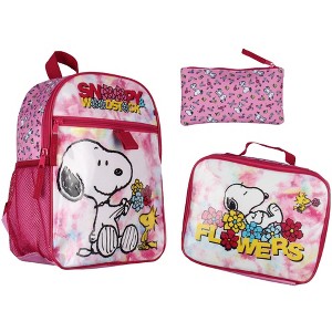 Peanuts Backpack Snoopy and Woodstock Flowers Character 3-Piece Lunchbox Pencil Case School Travel Tote Book Bag - 1 of 4