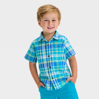 Image of Toddler Boys' Short Sleeve Plaid Poplin Button Up Woven Shirt - Cat & Jack™ Blue 4T