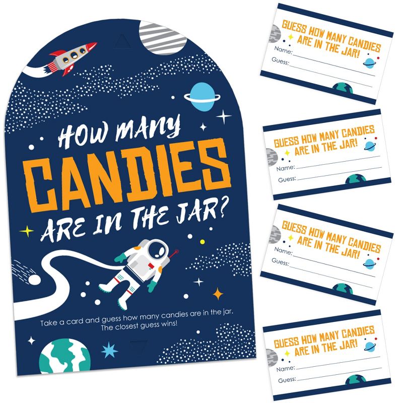 Big Dot of Happiness Blast Off to Outer Space How Many Candies Rocket Ship Baby Shower or Birthday Party Game 1 Stand and 40 Cards Candy Guessing Game, 1 of 9